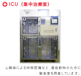 ICU（集中治療室）　心臓病による呼吸困難など、重症動物のために酸素室を用意しています。